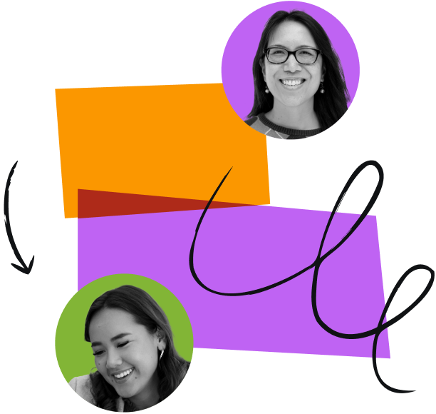 Two employee profiles with arrow and line illo.